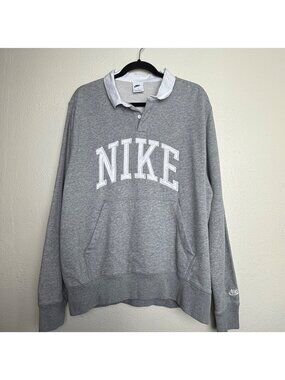 Nike Sportswear Club Long Sleeve Polo Rugby Shirt In Gray Spell Out Sz L